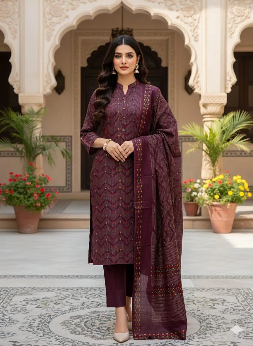 3 Pcs Women's Unstitched Printed Embroidered Suit