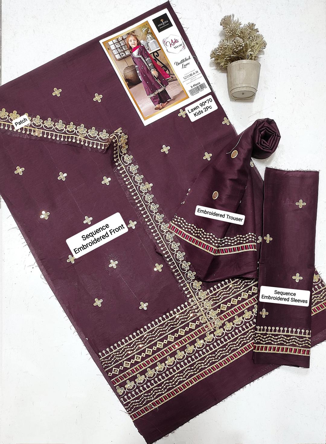 2 Pcs Girl's Lawn Embroidered Unstitched Suit