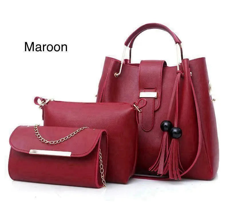 Women's Leather Plain Hand Bag 3 Pieces Set