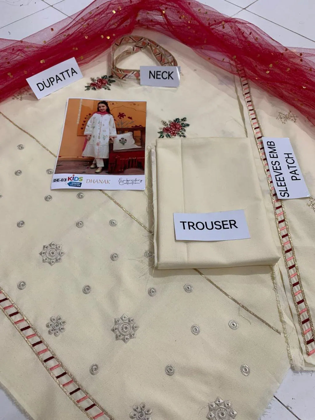 3 Pcs Girl's Dhanak Embroidered Shirt And Trouser Suit