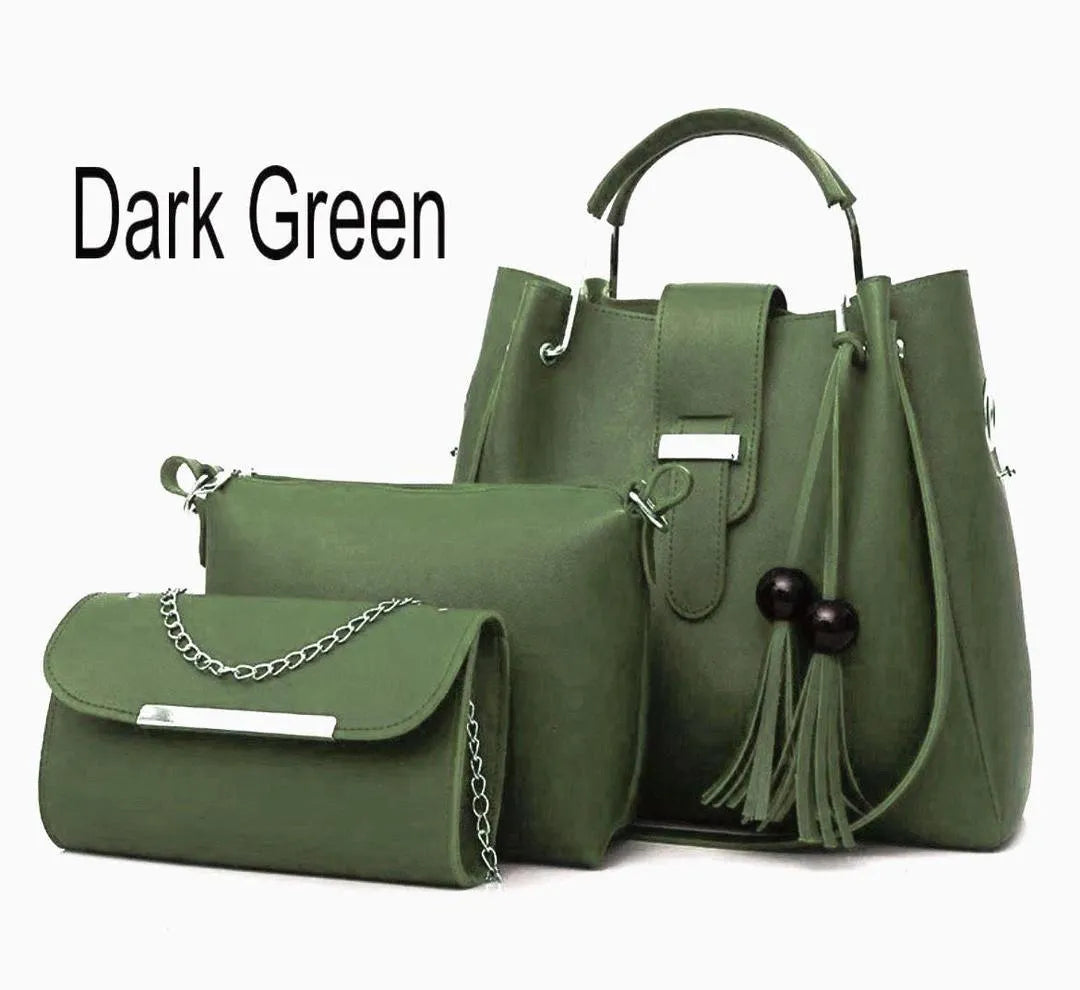 Women's Leather Plain Hand Bag 3 Pieces Set
