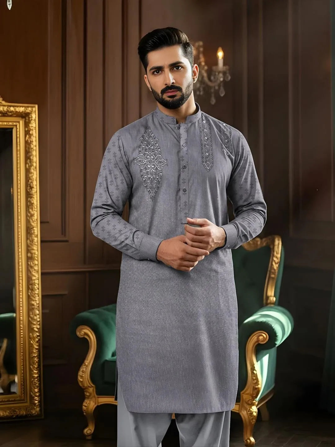 Men’s Unstitched Paper Cotton Embroidered Suit