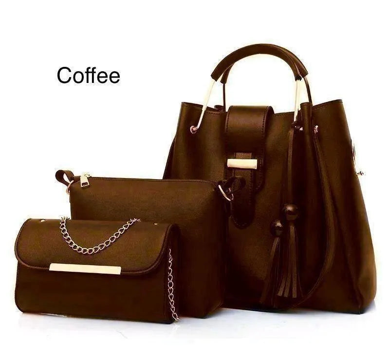 Women's Leather Plain Hand Bag 3 Pieces Set