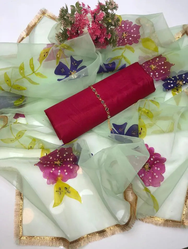 Women's Unstitched Suit 3 Piece | Organza Hand Painted Brush Work & Heavy Nagina Work Dupatta | Kattan Silk Shirt & Trouser | Customized