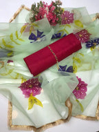 Women's Unstitched Suit 3 Piece | Organza Hand Painted Brush Work & Heavy Nagina Work Dupatta | Kattan Silk Shirt & Trouser | Customized