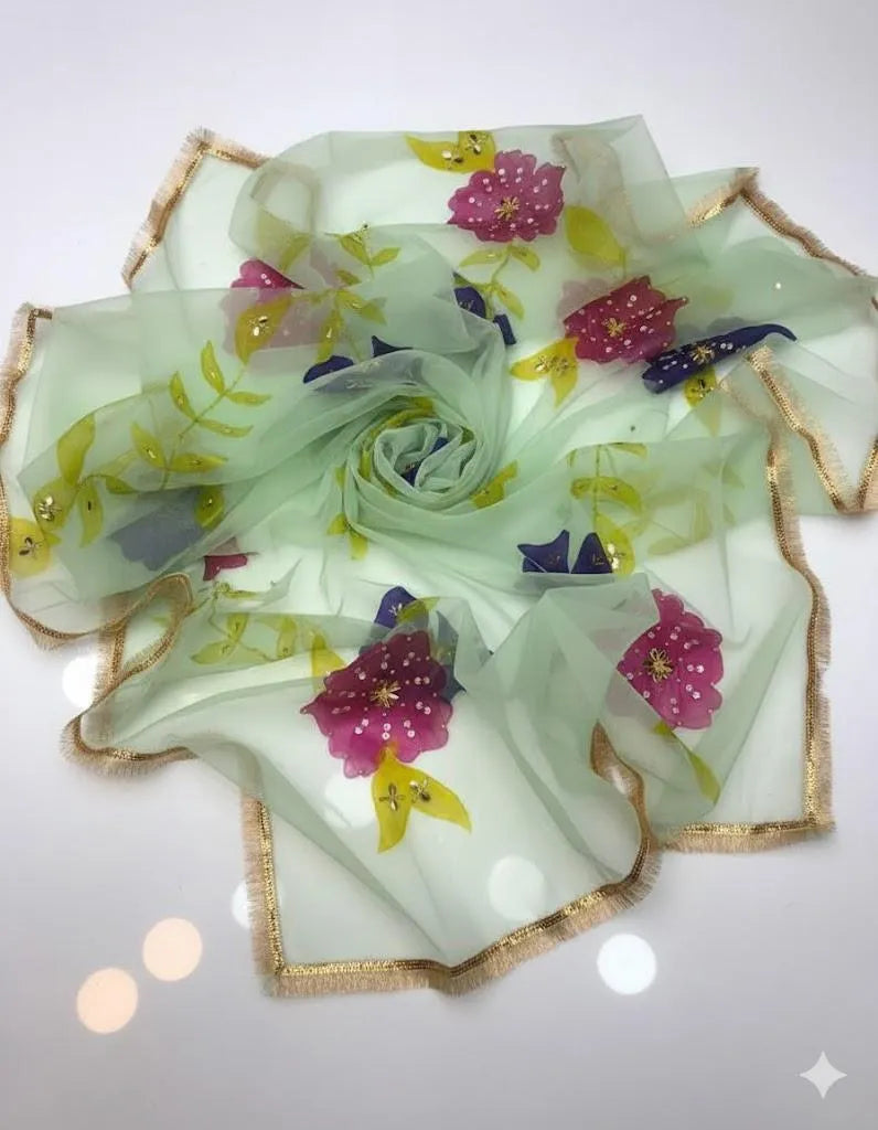 Women's Unstitched Suit 3 Piece | Organza Hand Painted Brush Work & Heavy Nagina Work Dupatta | Kattan Silk Shirt & Trouser | Customized