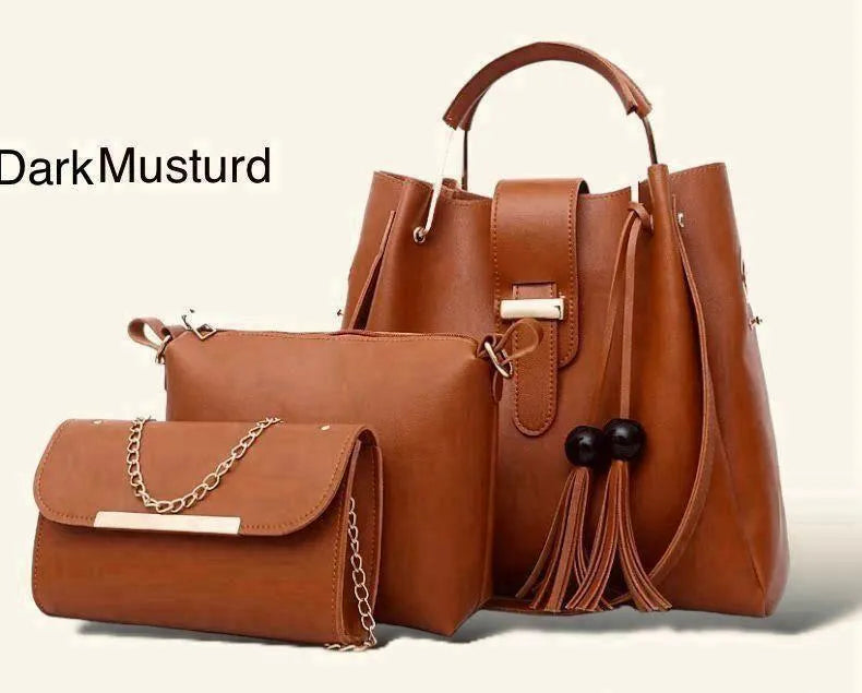Women's Leather Plain Hand Bag 3 Pieces Set