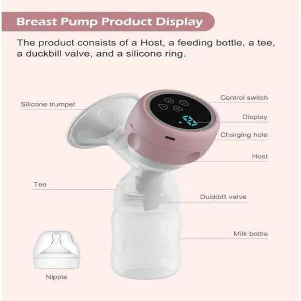 Silicone Pink Breast Pump Set - Includes 1 Breast Pump, 1 Bottle, 1 Pacifier, 1 USB Cable