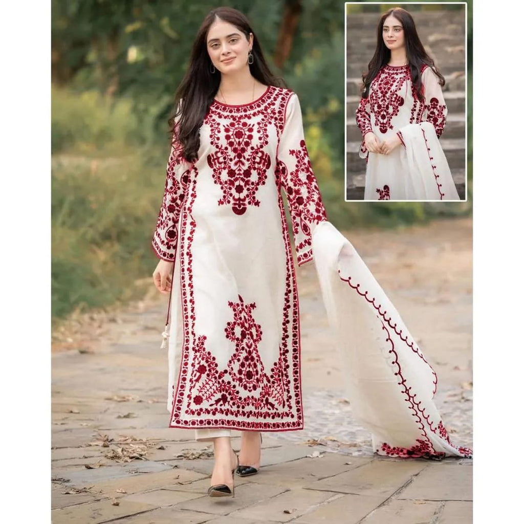 3 Pcs Women's Stitched Organza Embroidered Suit