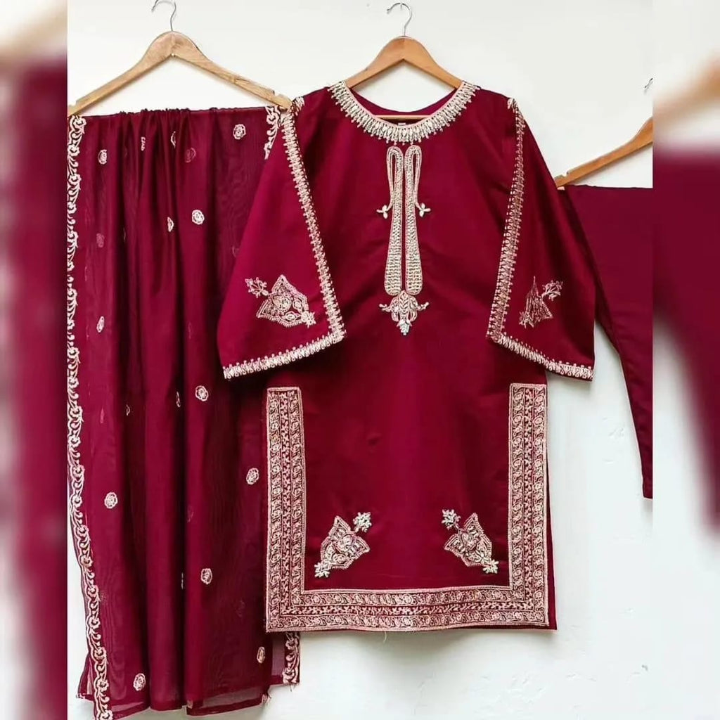 3 Pcs Women's Stitched Shamoz Silk Embroidered Suit